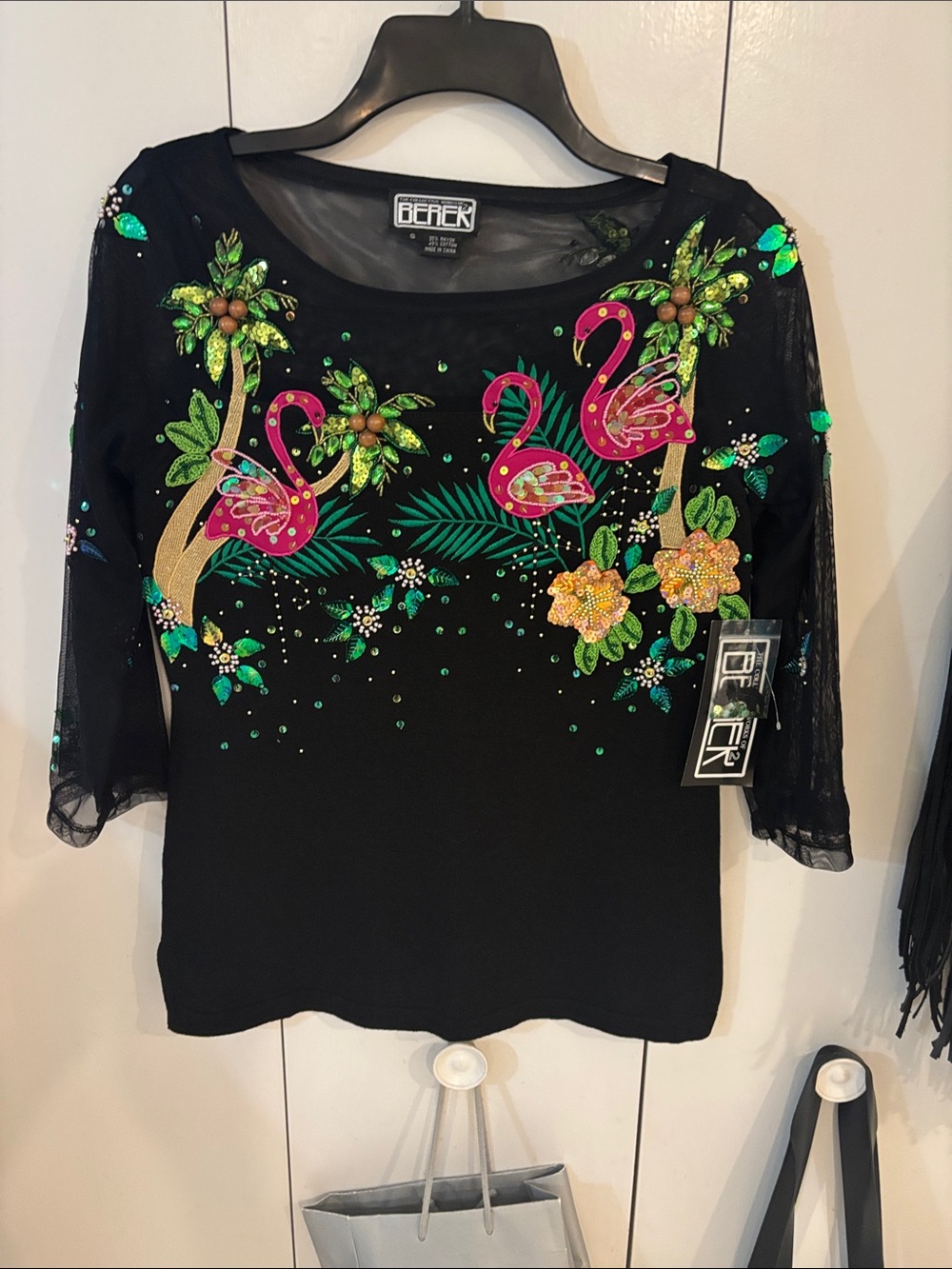Berek New Black Flamingo and Palm Women's sweater top,S